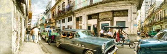 Old cars on a street Havana Cuba Canvas Art - Panoramic Images (36 x 12)