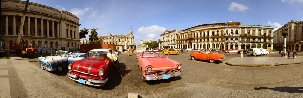 Old cars on street Havana Cuba Canvas Art - Panoramic Images (36 x 12)