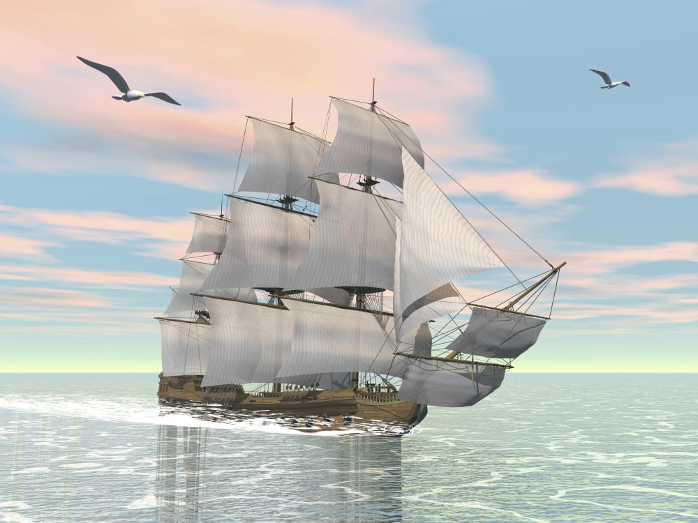 Old merchant ship sailing in the ocean with seagulls above Canvas Art - Elena DuvernayStocktrek Images (32 x 24)