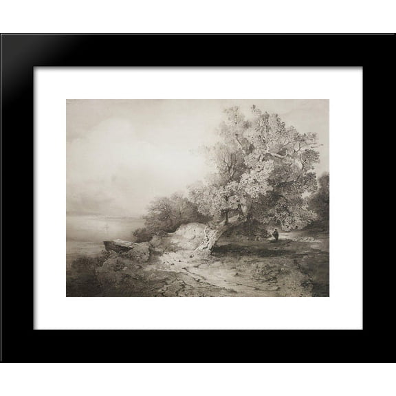 Old oak tree at the cliff above the river 20x24 Framed Art Print by Aleksey Savrasov