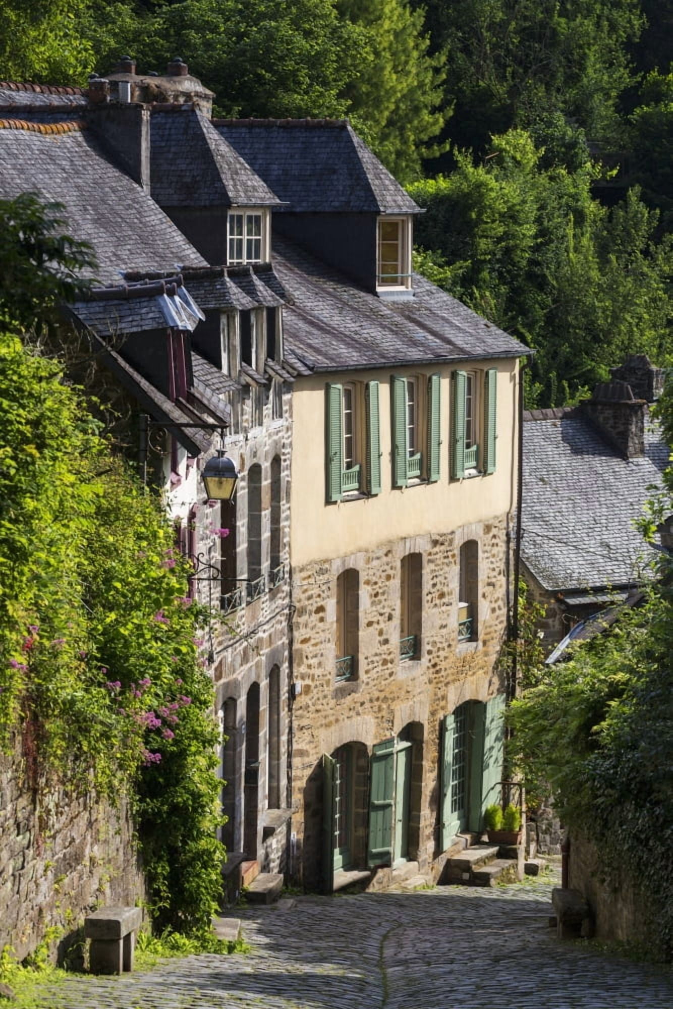 Old stone buildings with green shutters down a cobblestone road Dinan Brittany France Canvas Art - Michael Interisano Design Pics (24 x 38)