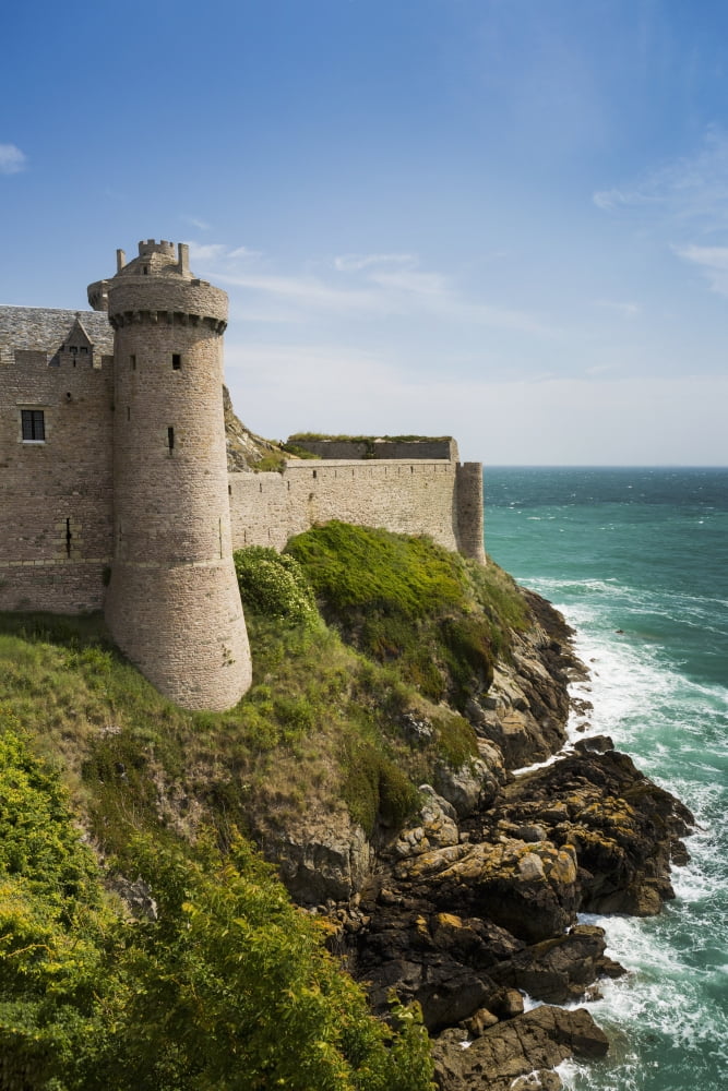 Old stone walled fort with turret on rocky shoreline along the sea with blue sky and clouds Plevenon Brittany France Canvas Art - Michael Interisano Design Pics (12 x 19)