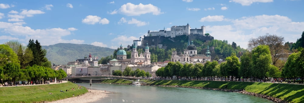 Old town at Salzach river with Hohensalzburg Castle and Dom Cathedral Salzburg Salzburger Land Austria Canvas Art - Panoramic Images (36 x 12)
