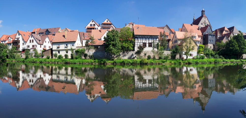 Old town with town hall at Enz River Besigheim Ludwigsburg Baden-Wurttemberg Germany Canvas Art - Panoramic Images (36 x 12)