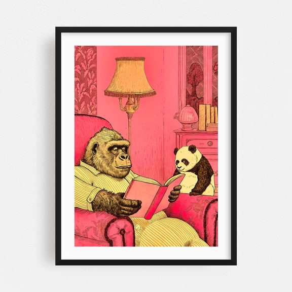 Old vintage gorilla reading a book to a young panda - Illustration Animal Reading Humor Whimsical Surrealism Modern Art Black Framed Wall Art Print 16 x 24 inches
