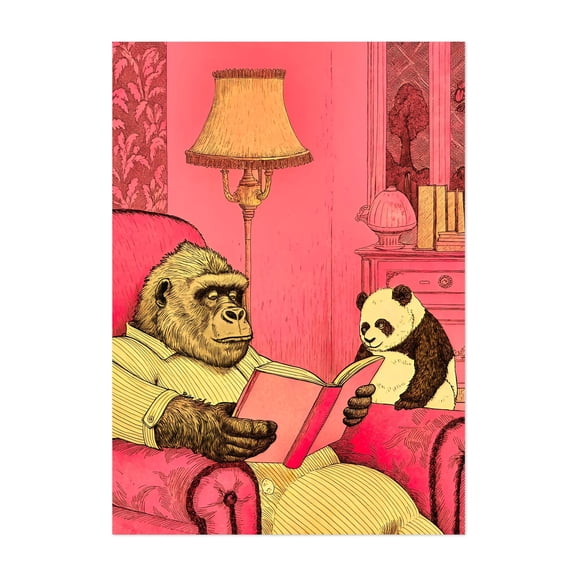 Old vintage gorilla reading a book to a young panda - Illustration Animal Reading Humor Whimsical Surrealism Modern Art Unframed Wall Art Print 36 x 48 inches