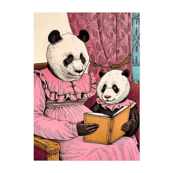 Old vintage panda reading a book - Illustration Whimsical Animal Surrealism Reading Humor Vintage Unframed Wall Art Print 30 x 40 inches