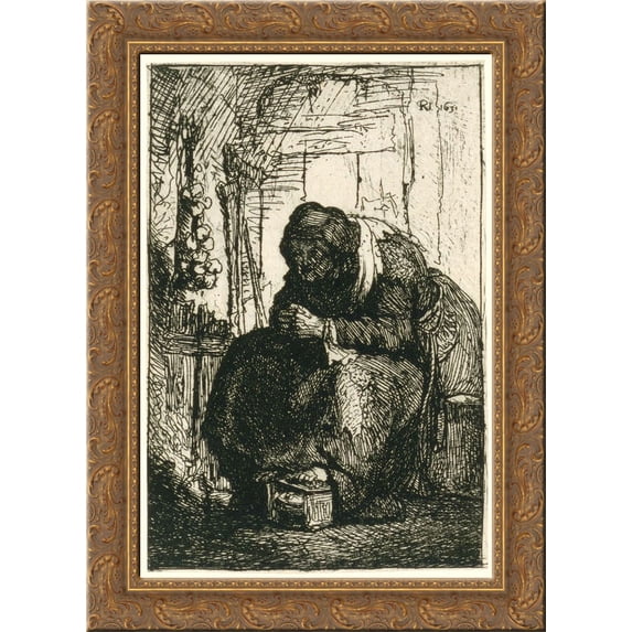 Old woman seated in a cottage with a string of onions on the wall 20x24 Gold Ornate Wood Framed Canvas Art by Rembrandt