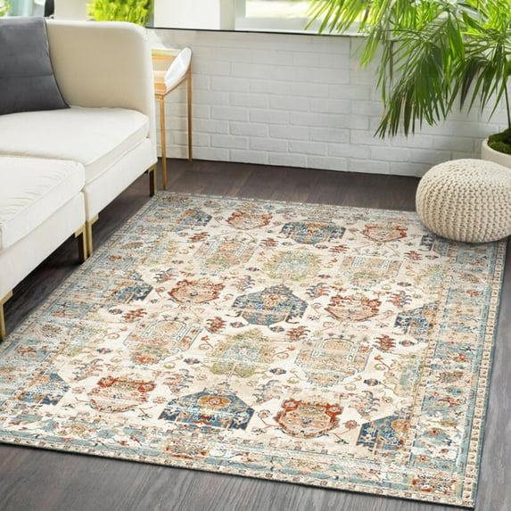 OldPAPA Boho Persian Area Rug - 4'x6' Washable Rugs for Living Room,Machine Washable Rug with Non-Slip,Small Rug Vintage Accent Low Pile Rug for Entryway Bedroom Bathroom Dining Door Mat