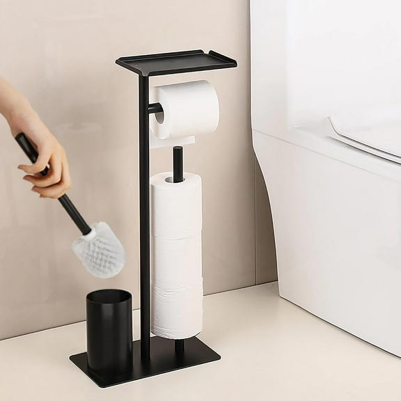 OldPAPA Carbon Steel Toilet Paper Holder with Phone Shelf, Bathroom Deodorizer, Floor Standing Paper Towel Holder, Toilet Brush Set
