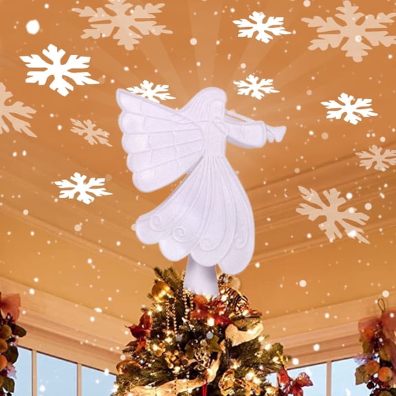 Christmas Tree Topper, White Angel Christmas Tree Topper Lighted with 3D Rotating Snowflake Projector, Glittering Lighted Xmas Tree Topper for Christmas Holiday Decorations Gift