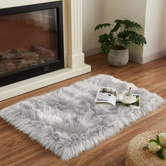 OldPAPA Faux Sheepskin Fur Rug 2x3 Feet Light Grey Fluffy Rug Shag Furry Rug Small Area Rug Carpet for Bedroom Living Room, Cushion
