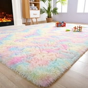 OldPAPA Fluffy Rugs for Living Room, Washable Rugs, 3x5 Area Shag Rugs for Bedroom, Nursery Girls Boys Room, Kids Room Decor,Upgrade Anti-Skid Small Carpet for Home Decor Aesthetic, Rainbow Color