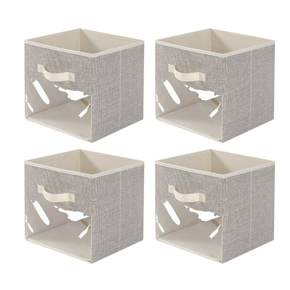 OldPAPA 4 Pack Foldable Storage Bins,Clear Storage Containers Box for Organizing Clothing,Toys,Books,Bed Sheets,Cube Drawer Storage Box with Handle (10.63" x 10.63"x 10.63"),Beige