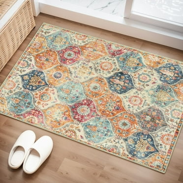 OldPAPA Pink Area Rug Small Area Rugs Boho Machine Washable Rugs Non Slip for Entryway Kitchen Bathroom Bedroom Vintage Soft Low-Pile 1.6'x2.6' Flowers
