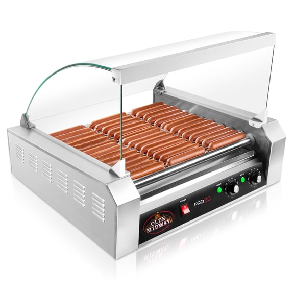 Olde Midway Electric Hot Dog Roller Grill Cooker with 11 Rollers and Cover, Cooks 30 Hot Dogs