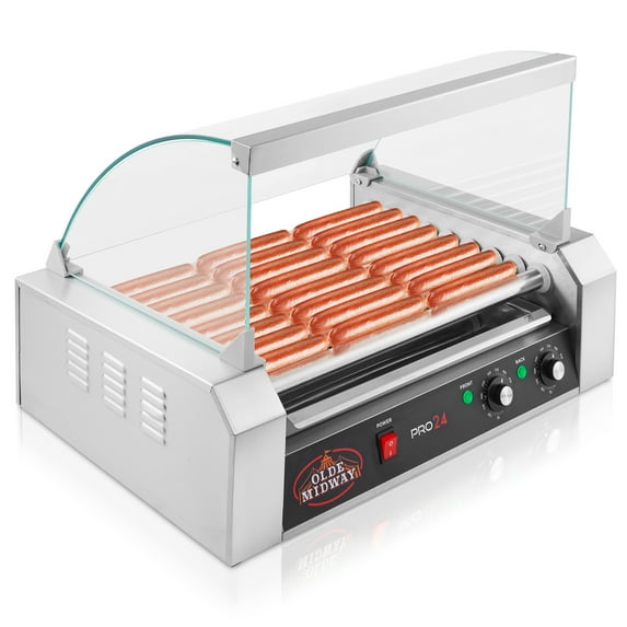 Olde Midway Electric Hot Dog Roller Grill Cooker with 9 Rollers and Cover, Cooks 24 Hot Dogs