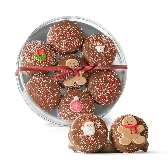 Olde Naples Christmas MILK Chocolate Dipped Chocolate Sandwich Cookies, Hand decorated Gift Basket with 7 Chocolate covered Chocolate Sandwich Cookies (Milk Chocolate)