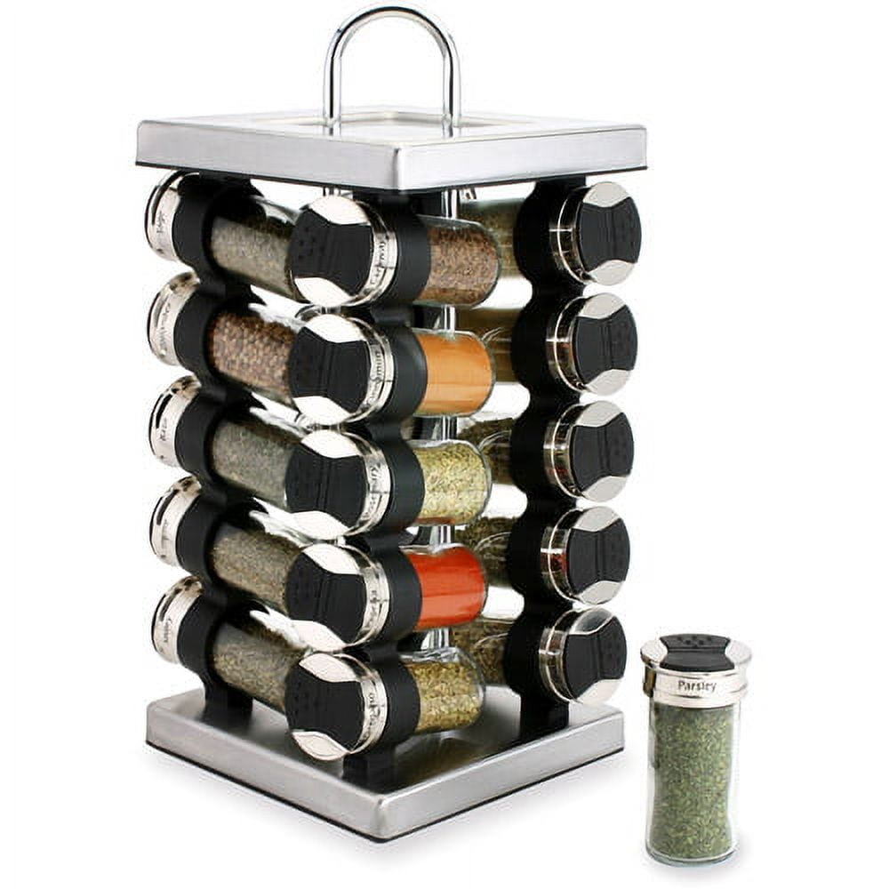 Rotating Spice Rack with 20 Jars & Labels Set - Stainless Steel