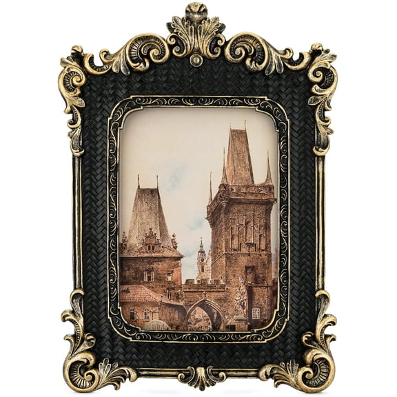 Olden Days 5x7 Picture Frame - Gothic Vintage European Design, Antique Baroque Style Photo Frame for Wall Hanging, Tabletop Display, and Home Decor