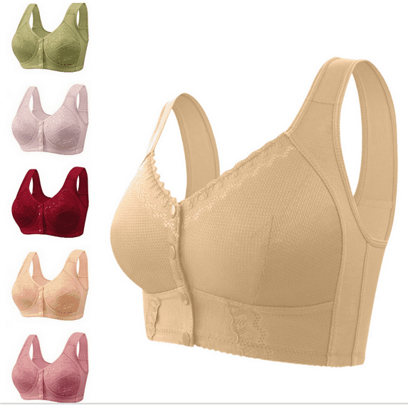 Older Women Bra Snap Closing Fashion No Underwire Sports Everyday Sleep Bras Front Closure Summer Women's Lace Bras - Complexion,44