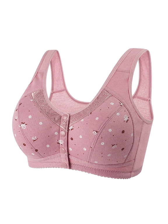 Older Women Wireless Snap Closing Bralette, No Underwire Padded Plus Size Floral Full Coverage Bra, Snap Front Closure Comfort Tshirt Bra, Mature Casual Everyday Bra