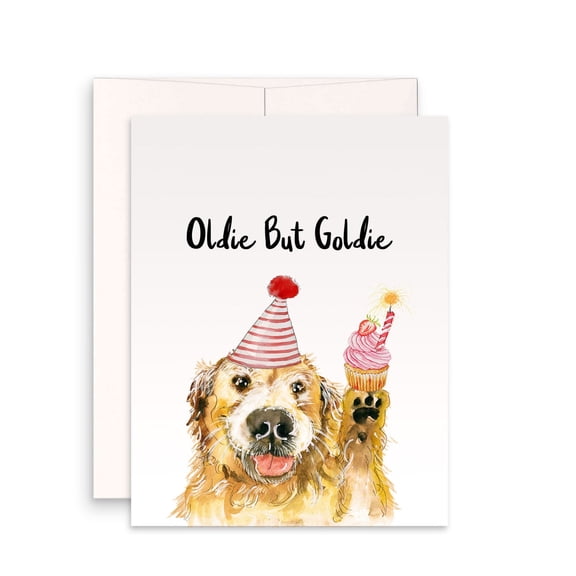 "Oldie But Goldie" Birthday Card for Dog Lovers  Funny Golden Retriever Design with Cupcake  Blank Inside, Envelope Included  Perfect Pet Birthday Card for Your Furry Friend