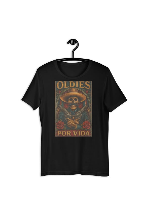 Oldies Por Vida Skeleton Cowboy T-Shirt Chicano Skull Vintage Graphic Tee