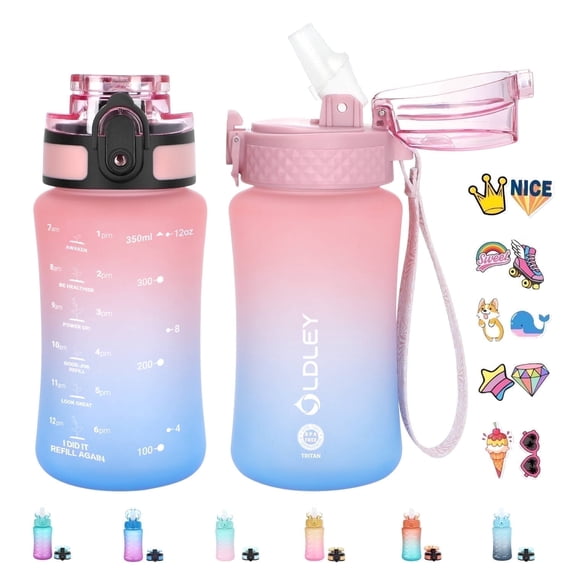 OLDLEY Kids Water Bottle 12oz with 2 Lids & Straw, Leak-Proof Tritan Plastic Bottle for School, Toddler Girls & Boys
