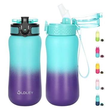 Oldley Adventure Kids Water Bottle with Carabiner | 12oz Stainless Steel, Leak Proof Straw Lid | for Hiking, Biking & School Backpacks