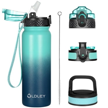 Oldley Insulated Water Bottle, 20 oz, Blue Solid Print with Triple-Lid Design, Straw & Chug