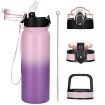 Oldley 20oz Water Bottle for Aldults and Kids  with 3 Lids and Strap Wide Mouth LeakProof for School Travel,Gift,Pink Purple