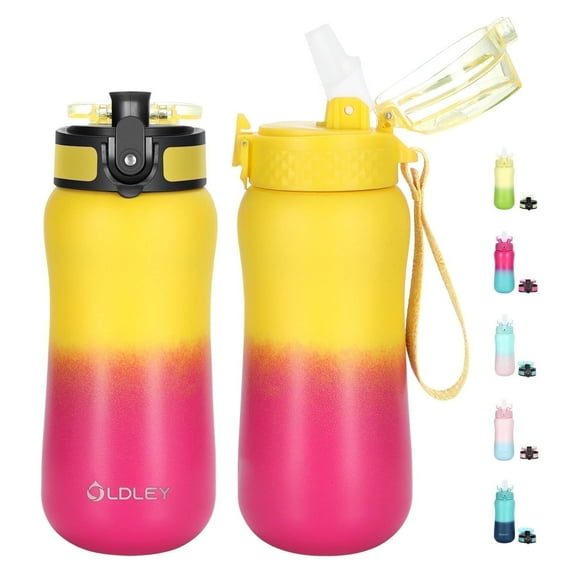 Oldley One-Click Kids Water Bottle with Straw | 12oz Insulated Water Bottle, Leak Proof & Spill Proof | Easy Open Lid with Carry Handle for School