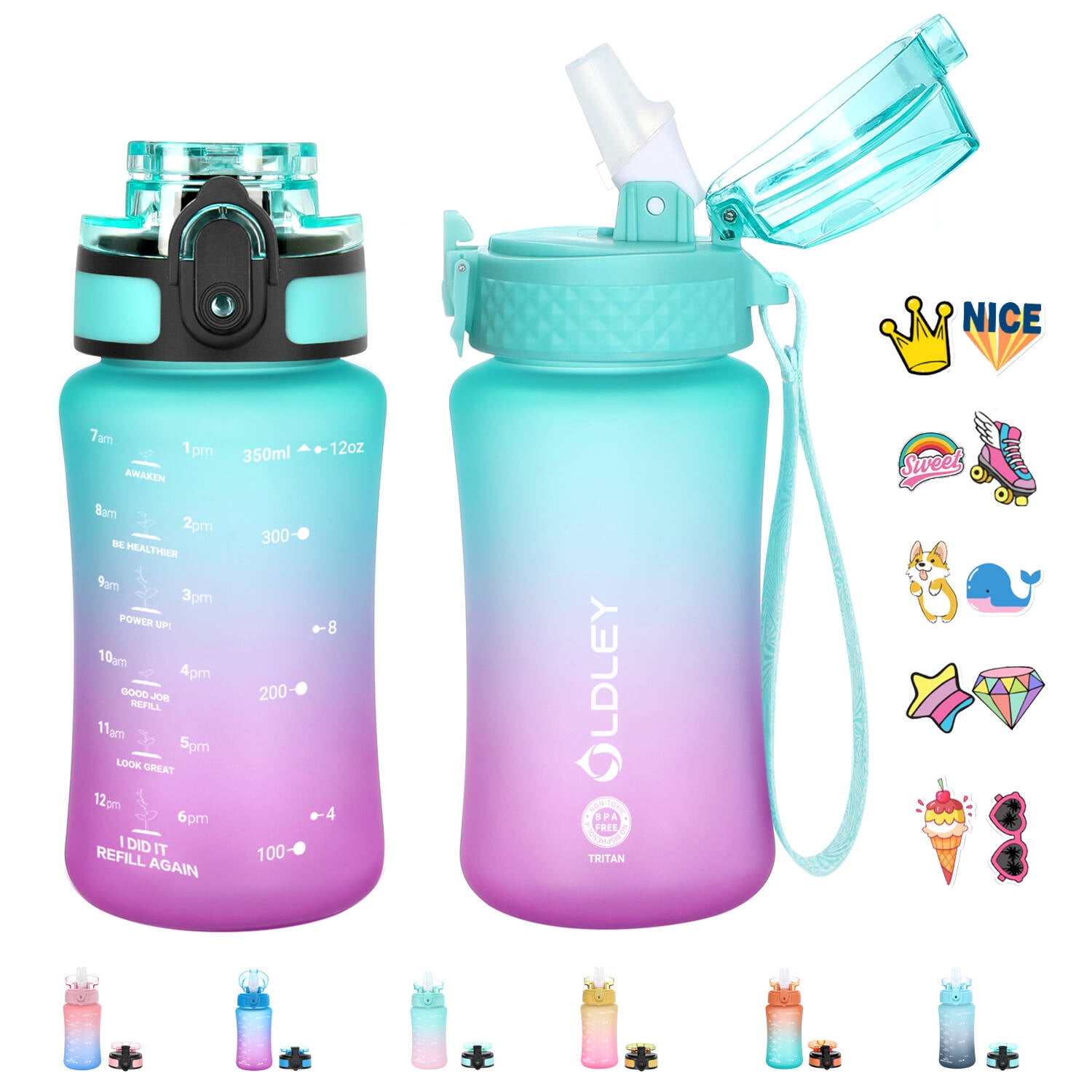 Oldley Kids Water Bottle 12 oz with Straw/Chug 2 Lids LeakProof for