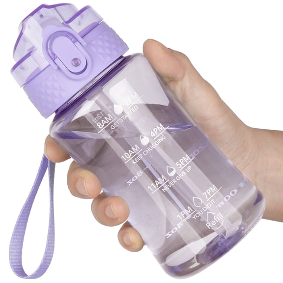 Oldley Kids Clear Water Bottle 12oz – Straw Lid with Dust Cap, Spill-Proof Design, BPA-Free Tritan, Motivational Hourly Time Stamps, Perfect for School