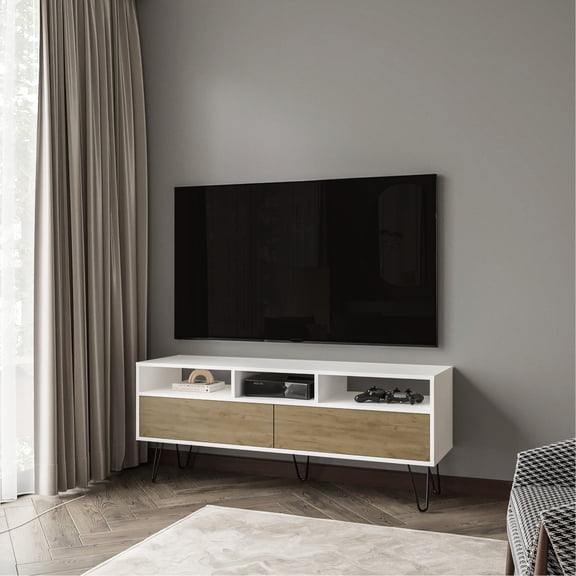 Olds Tv Stand In Modern Design. White And Natural Oak Combination. For 50-59 Inch Tvs. Scratch-. Offers Space For Brackets. Assembly Required Cabinet, 2 Doors Open Storage. Color Scheme. Fits Holds