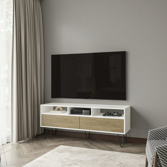 Olds Tv Stand With Open Storage Areas. White And Natural Oak Appearance. Suited For 50-59 Inch Tvs. Scratch- Exterior. Offers Sufficient Space. Assembly Required Modern In Oak. Accommodates Surface.