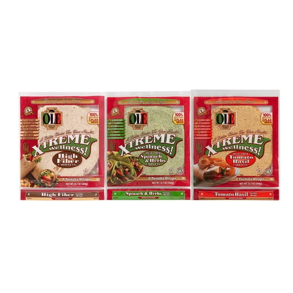 Ole Xtreme Wellness Tortilla Variety Pack - 24 Keto Friendly Tortillas - High Fiber, Spinach Herbs, and Tomato Basil 8", 12.7 oz., 8 Count, 3 Packs