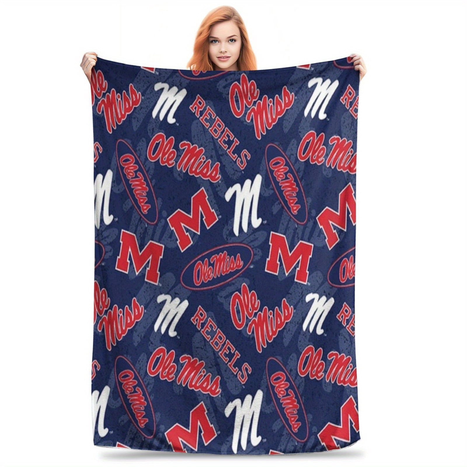 Ole Miss Rebel Flannel Fleece Blanket Soft Warm & Cozy for Sofa Bed Office Car All-Season Gift Vintage Style Digital Print KnittedNavy Blue with Bold Red & White Lettering