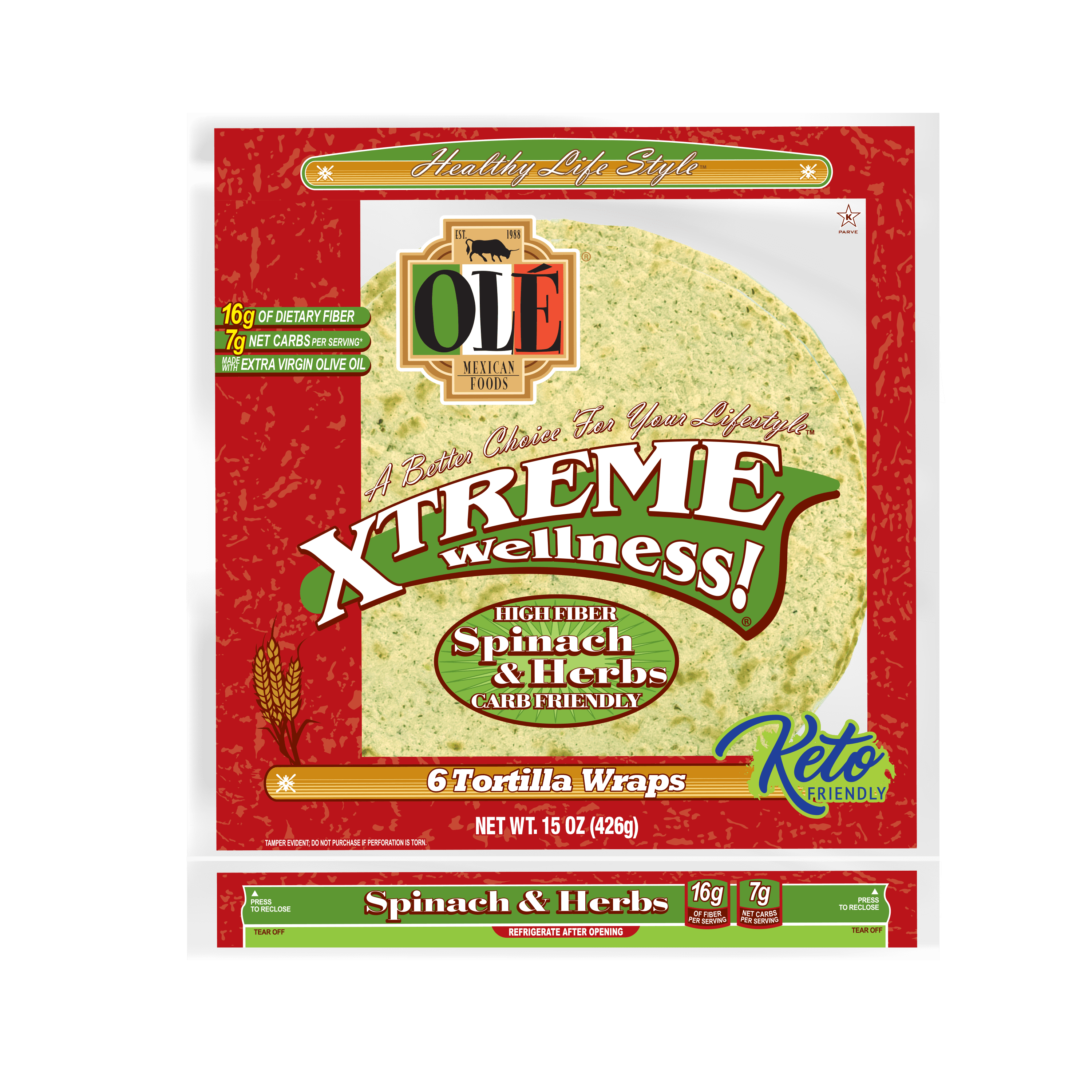 Ole Ole Xtreme Wellness, Spinach Wraps, 8 ct