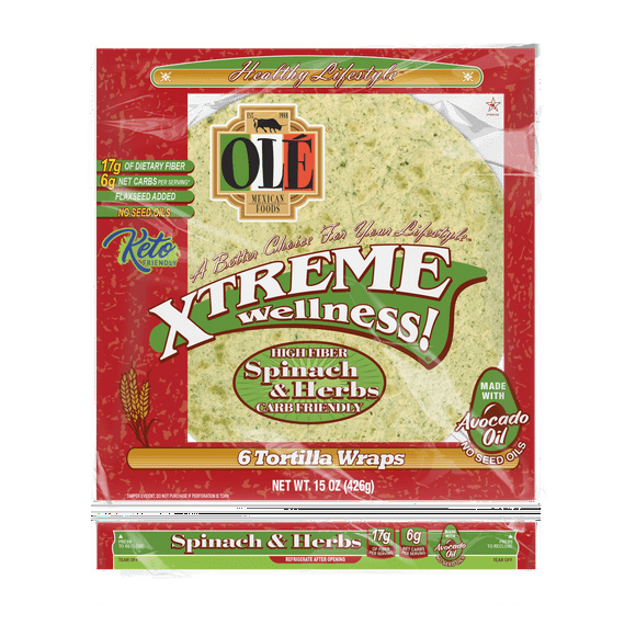 Ol Mexican Foods Xtreme Wellness High Fiber Spinach & Herbs Large Burrito Flour Tortillas, 15 oz, 6 Count