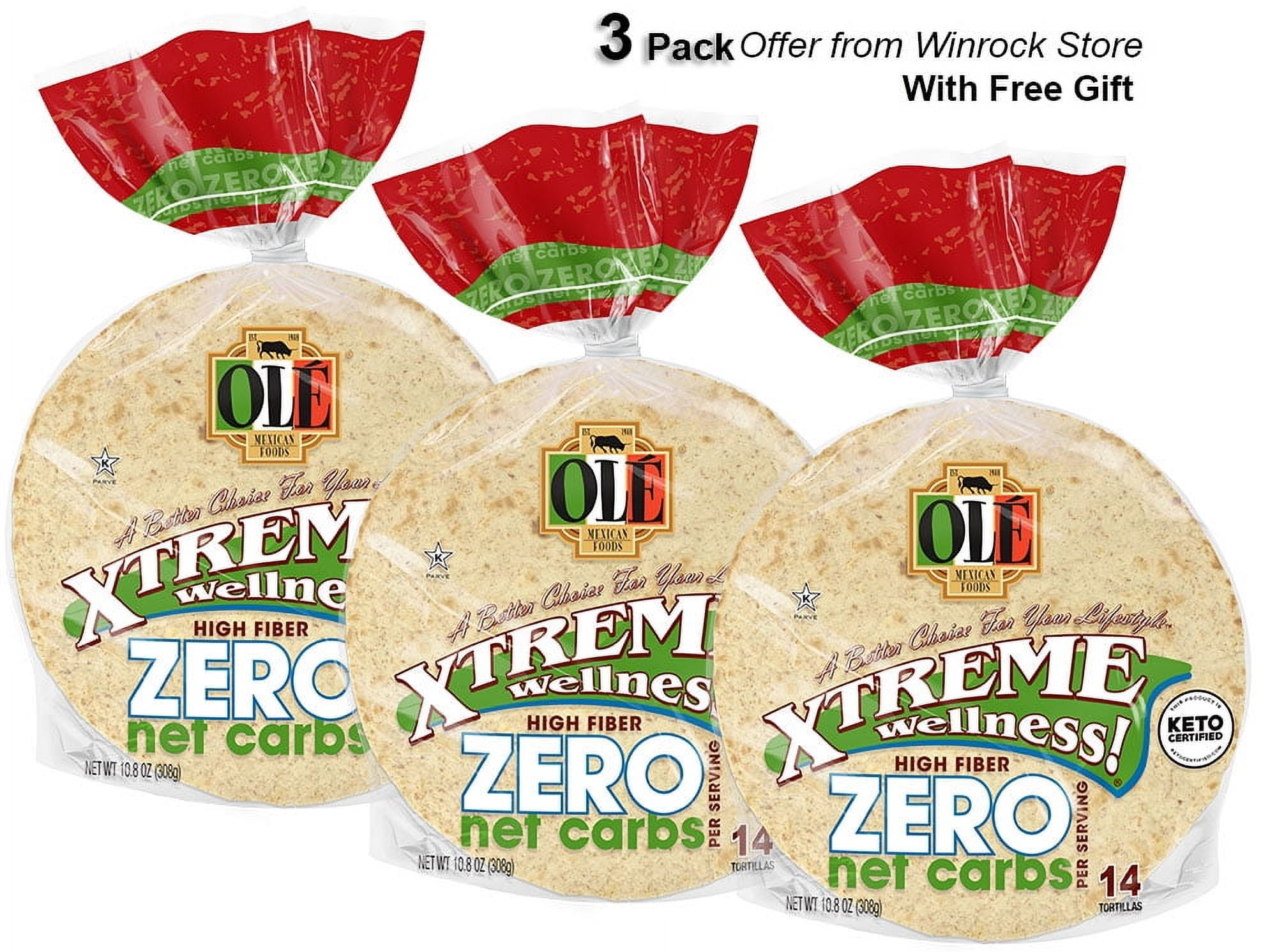 Ole Xtreme Wellness High Fiber Zero Net Carbs Street Taco Flour Tortillas, 10.8 oz, 14 Count (3 Pack) Free Gift from Winrock Store