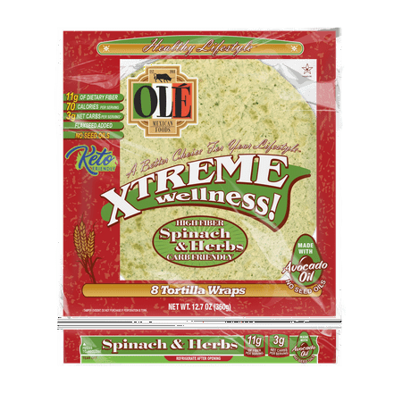 Ole Mexican Foods Xtreme Wellness High Fiber Spinach & Herbs Soft Taco Tortilla Wraps, 12.7 oz, 8 Count