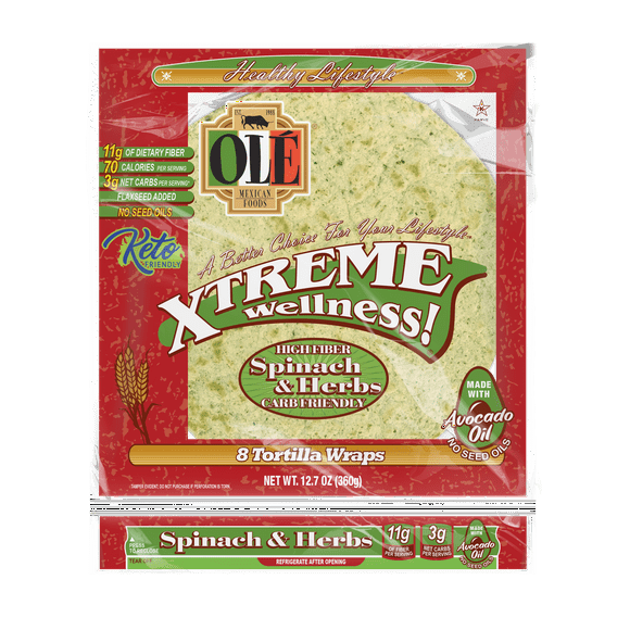 Ol Xtreme Wellness High Fiber Spinach & Herbs Tortilla Wraps, 12.7 oz, 8 Count