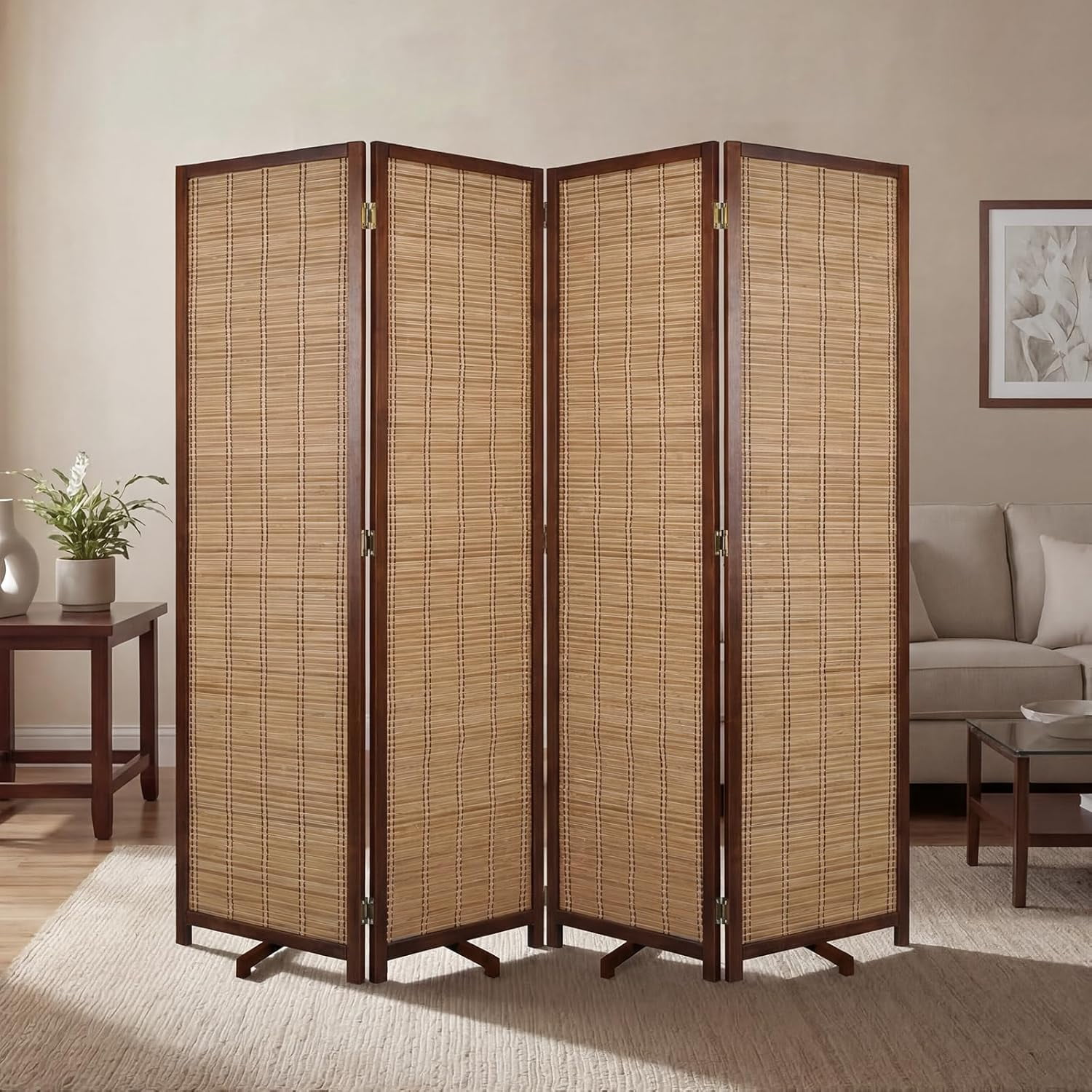 Olela Folding Bamboo Room Divider, 4 Panels Decorative Screens Wall Divider for Room Separation, 5.4ft Height Freestanding Privacy Partition for Living Room, Bedroom & Office, No Assembly