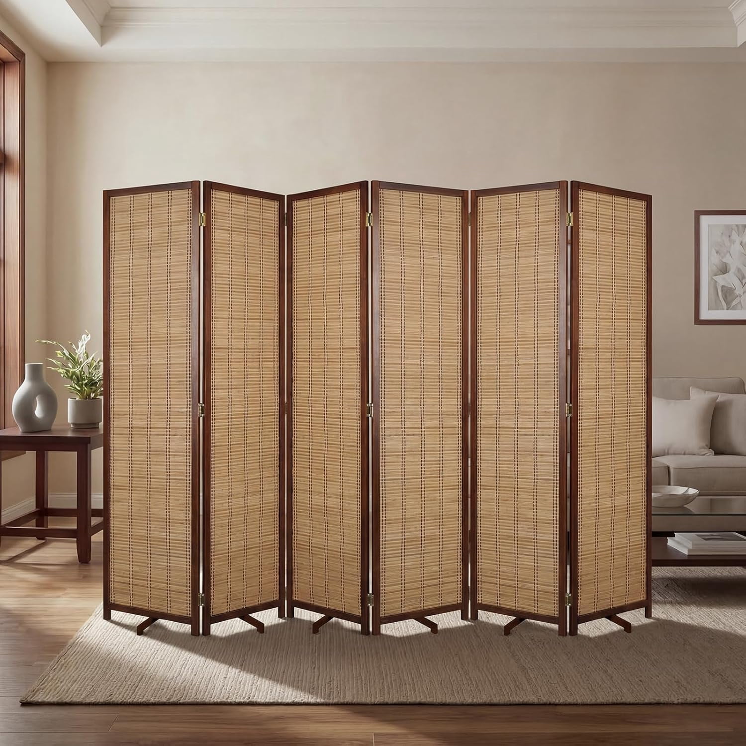 Olela Room Divider Bamboo, 6 Panels Folding Screens for Privacy, 5.4ft Height Wall Divider for Room Separation, Freestanding Privacy Partition for Living Room, Bedroom & Office,64" H x 92" W