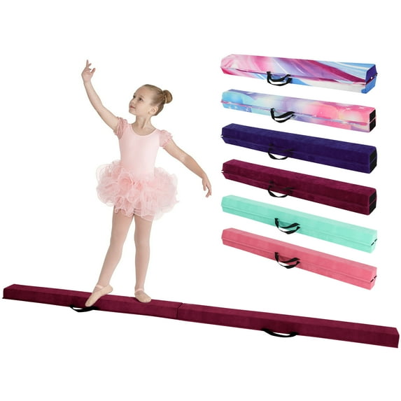 Olenyer 8FT Folding Balance Beam for Kids 3-12,Foldable Gymnastics Floor Beam-Extra Firm Suede Cover with Carry Bag for Home Wine Red