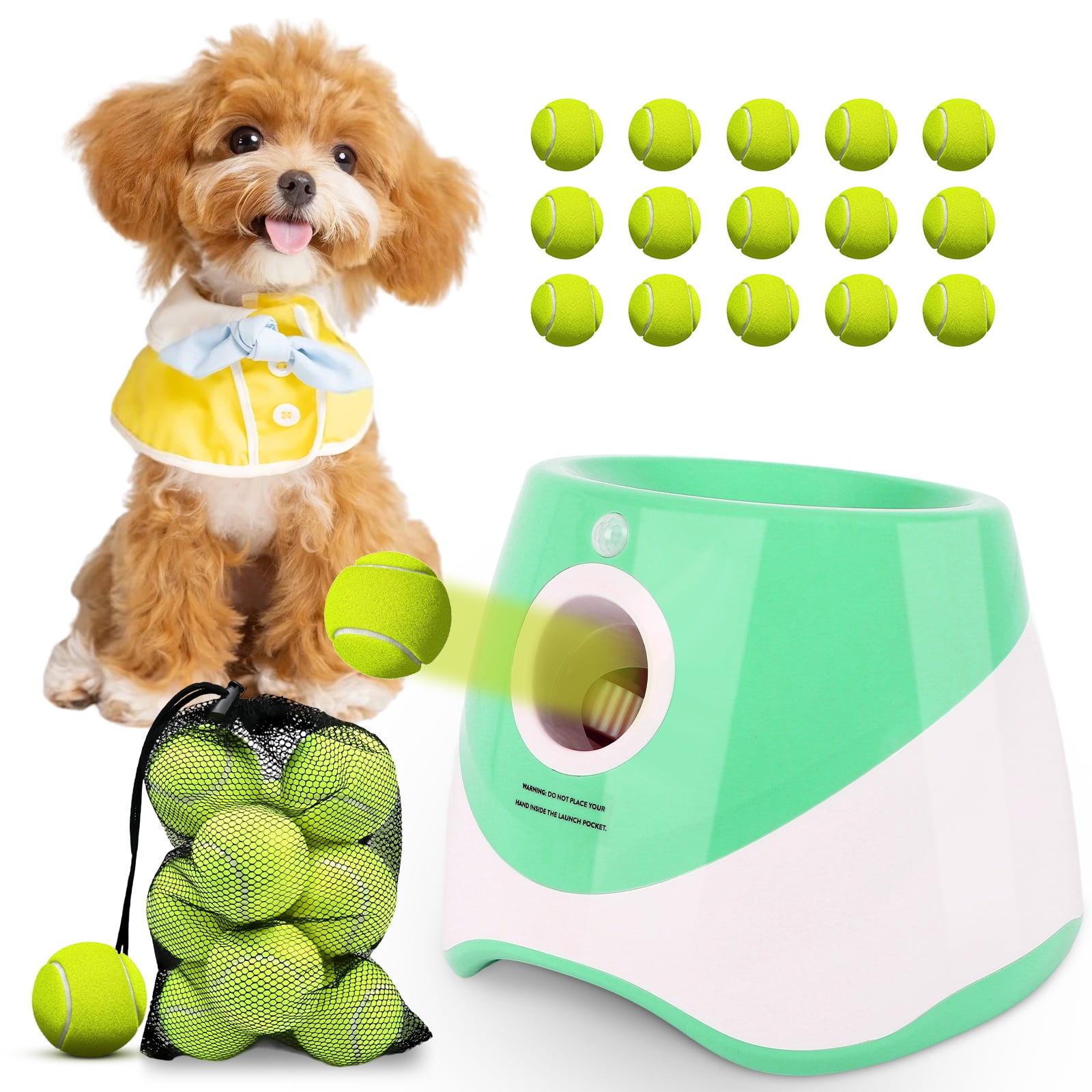 Olenyer Automatic Ball Launcher for Dogs,Interactive Dog Ball Thrower with 15x 2" Mini Tennis Balls for Small Medium Sized Dogs,Green