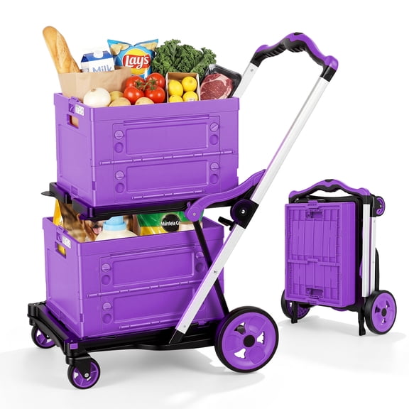 Olenyer Collapsible Shopping Cart with Wheels: Purple Grocery Cart with 2 Storage Crates, 200 LBS Capacity Platform Hand Truck with Foot Brake