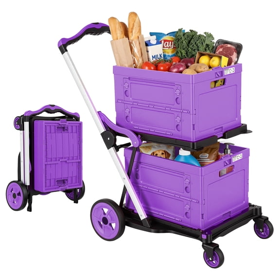 Olenyer Collapsible Shopping Carts for Groceries,200 LBS Capacity Foldable Grocery Cart with 2 Storage Crates,Purple
